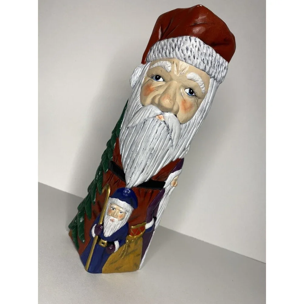 Holiday Pillar Candle Holder Ceramic Glittery 10” Tall Santa St Nicholas Marked